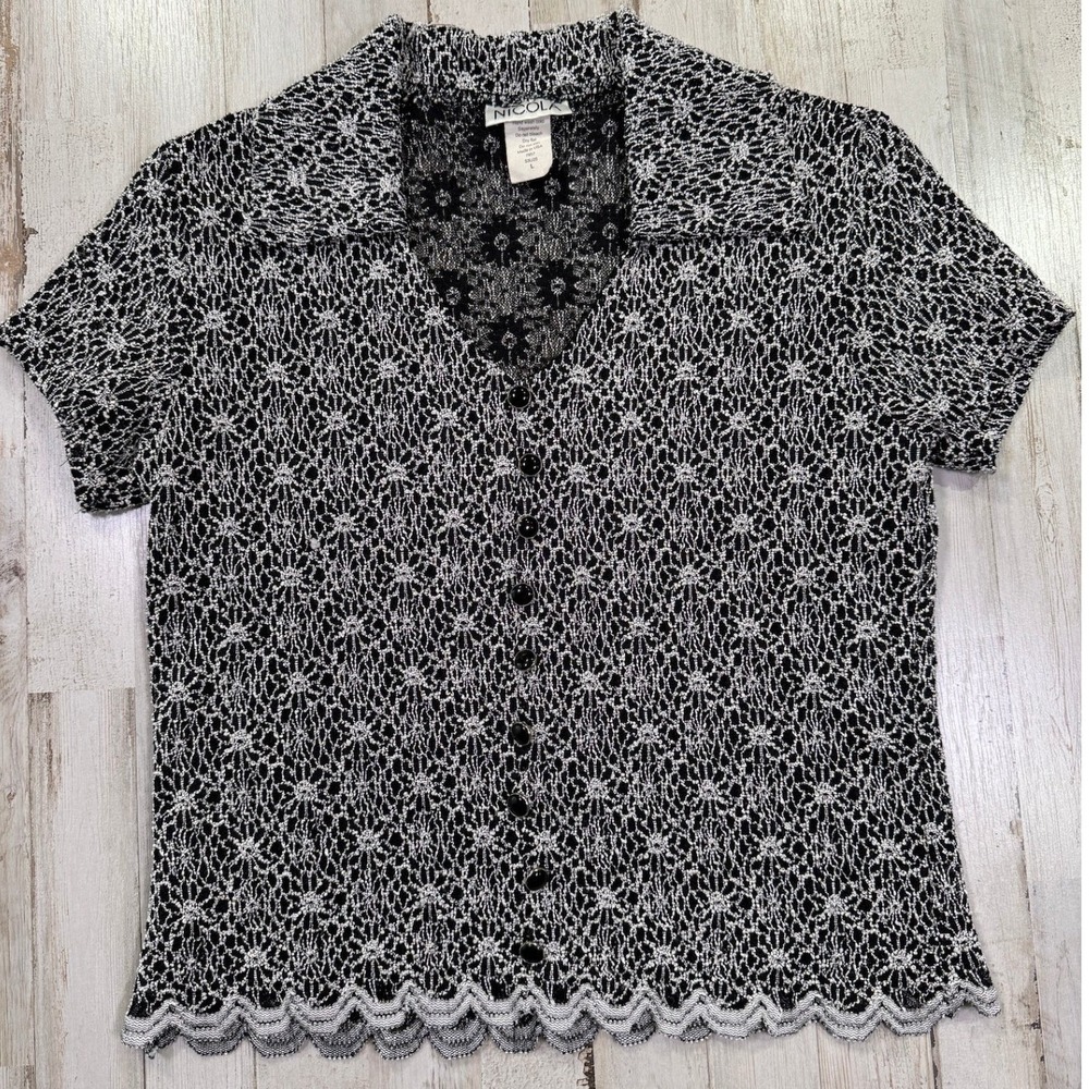 Nicola Crochet Top Women L Black White Vintage 90s Scalloped Hem Floral Lace